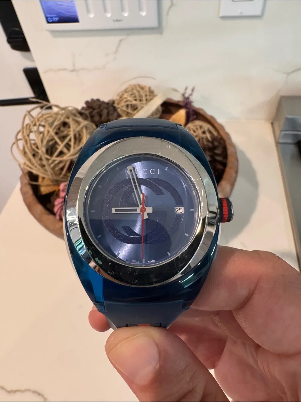 Gucci Blue and Black Silicone Strap Watch with Red Accent